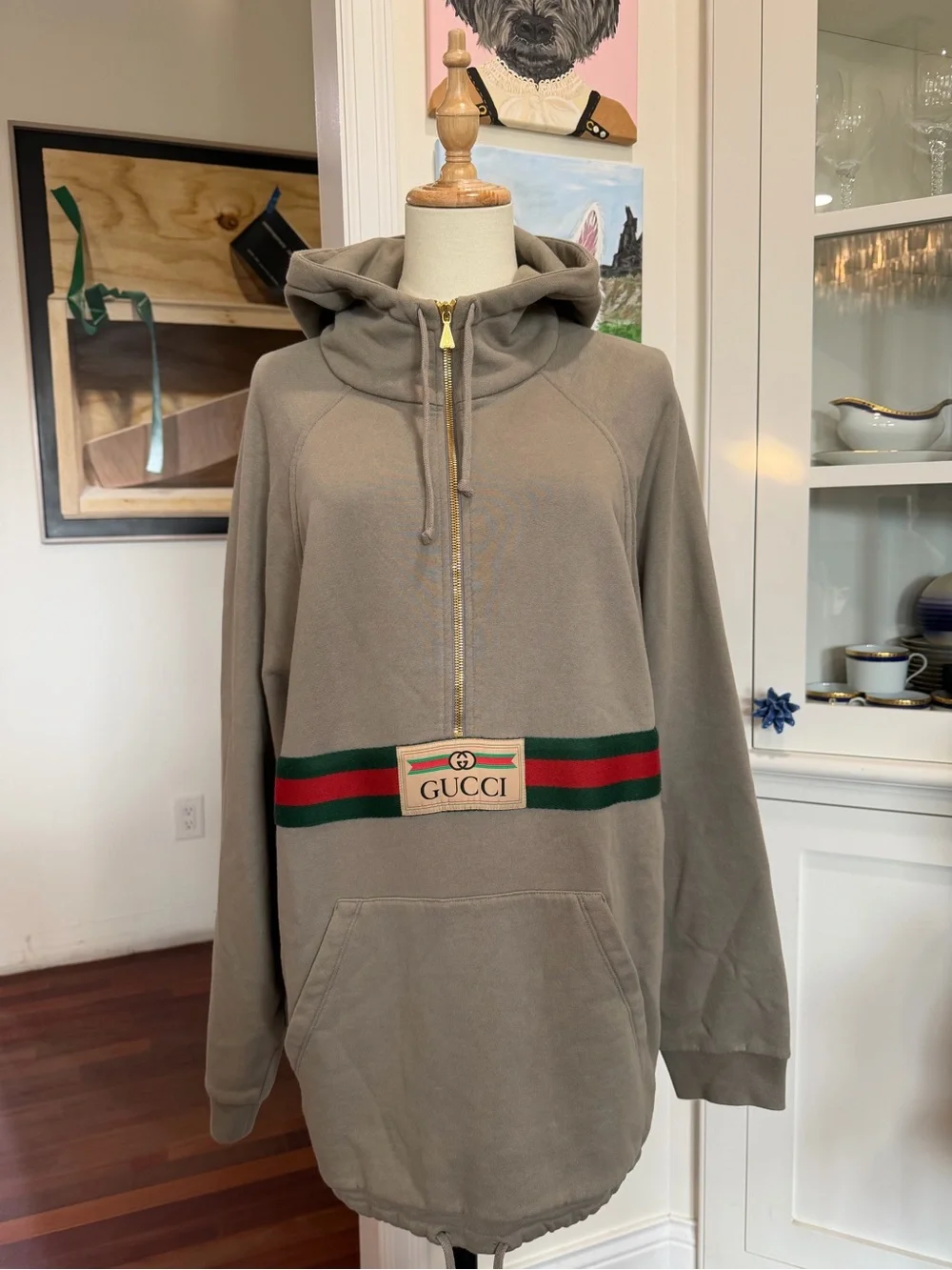 Gucci Taupe Crewneck Hoodie with Green-Red Stripe
